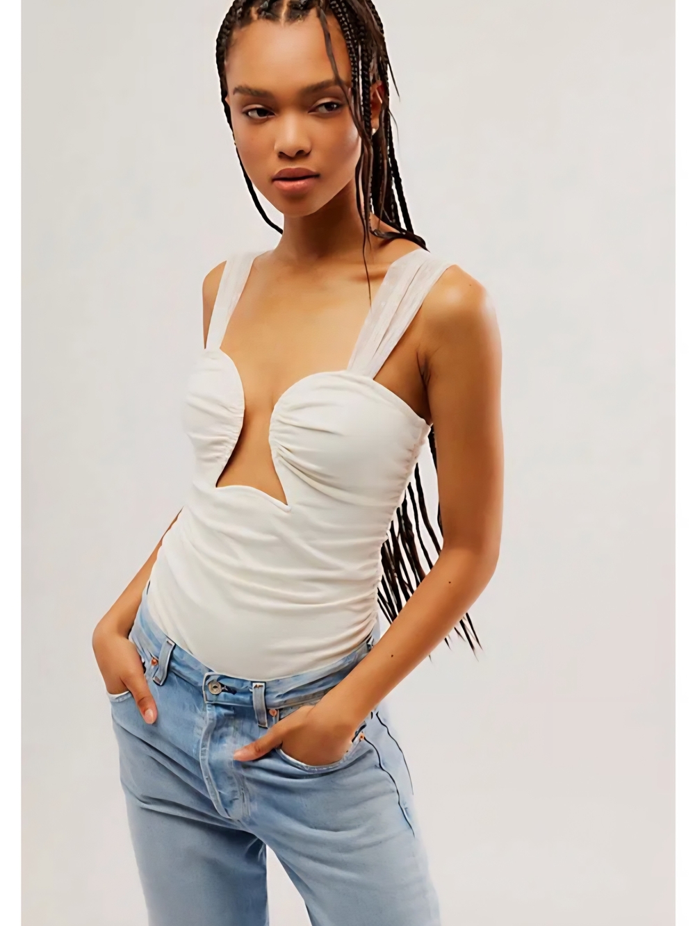 FREE PEOPLE Intimately Women’s Cream Ruched Bust V-Cut Tank Top